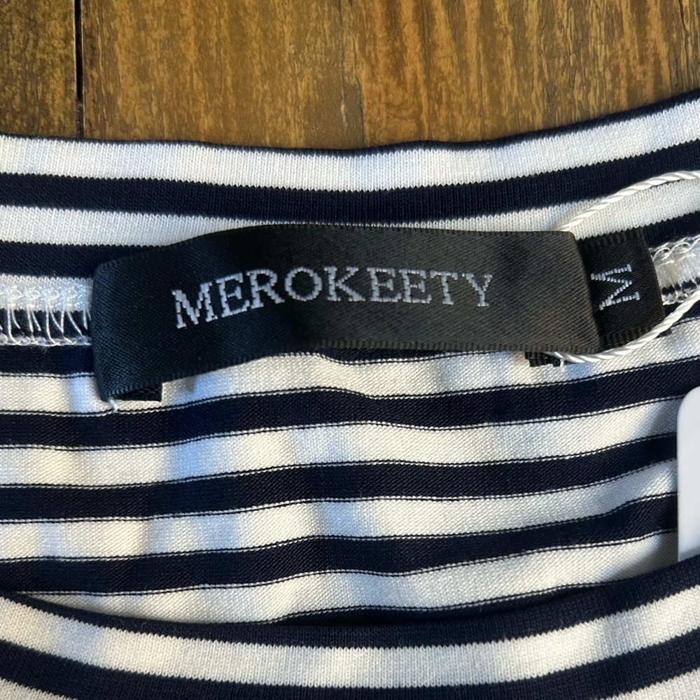 MEROKEETY Striped Navy Blue and White Dress Short sleeve with front tie Nautical - Picture 3 of 13